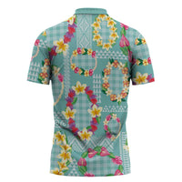 Hawaiian Leis Zipper Polo Shirt Kakau Tattoos and Palaka Pastel Teal Color