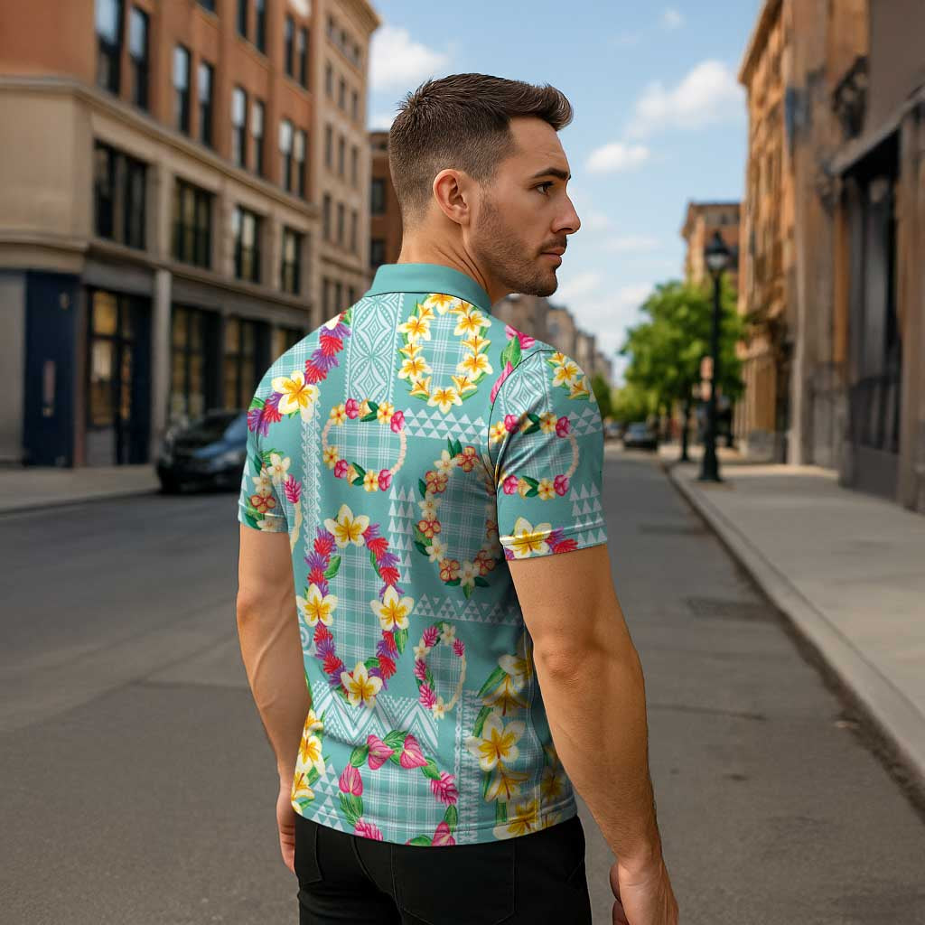 Hawaiian Leis Zipper Polo Shirt Kakau Tattoos and Palaka Pastel Teal Color