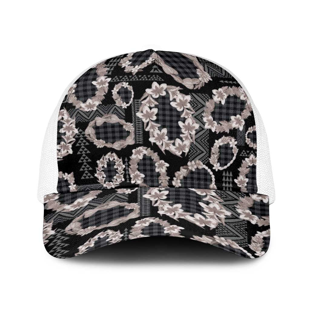 Hawaiian Leis Baseball Net Cap Kakau Tattoos and Palaka Pastel Grayscale LT03 One Size White Black - Polynesian Pride