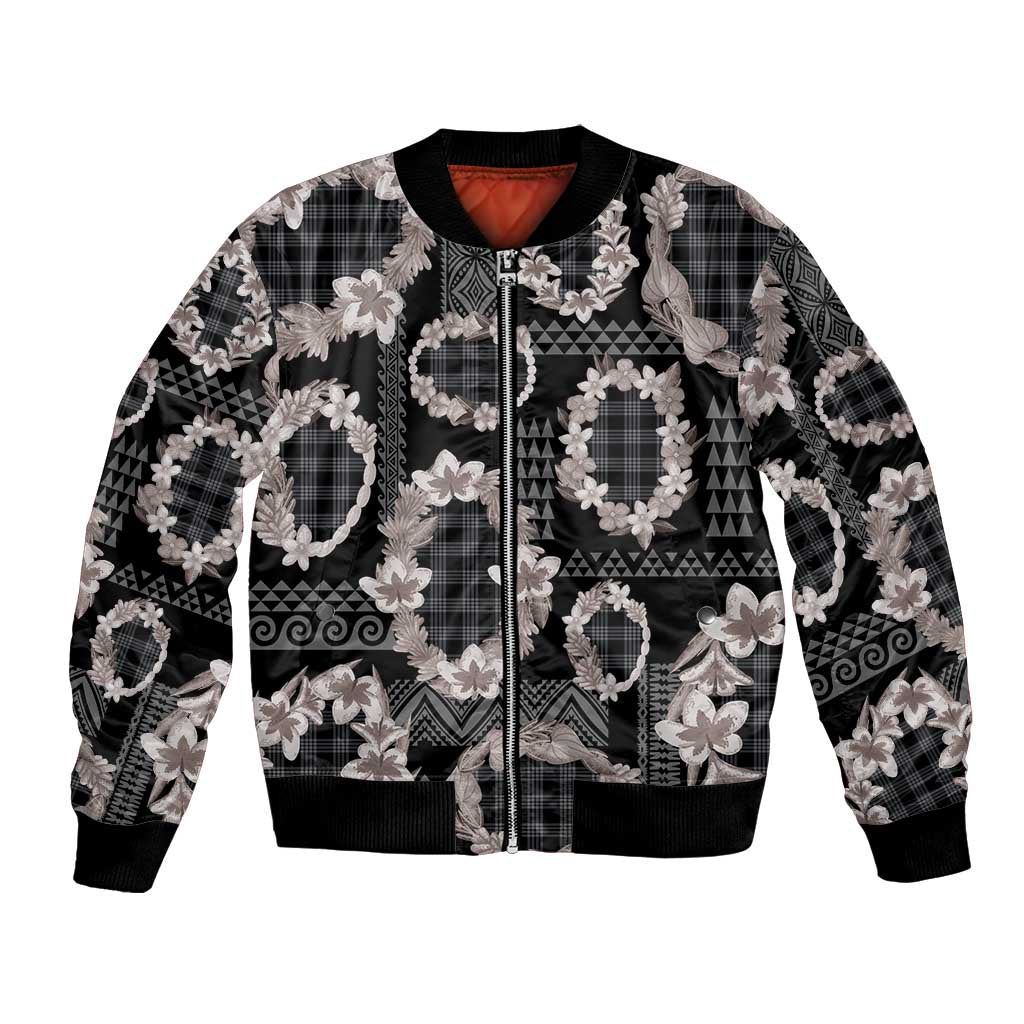 Hawaiian Leis Bomber Jacket Kakau Tattoos and Palaka Pastel Grayscale LT03 Unisex Black - Polynesian Pride