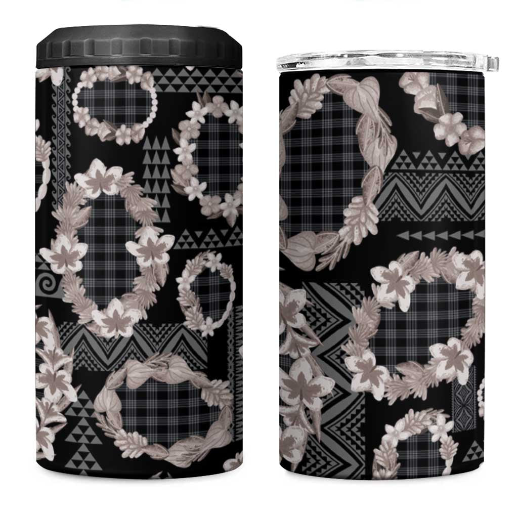Hawaiian Leis 4 in 1 Can Cooler Tumbler Kakau Tattoos and Palaka Pastel Grayscale