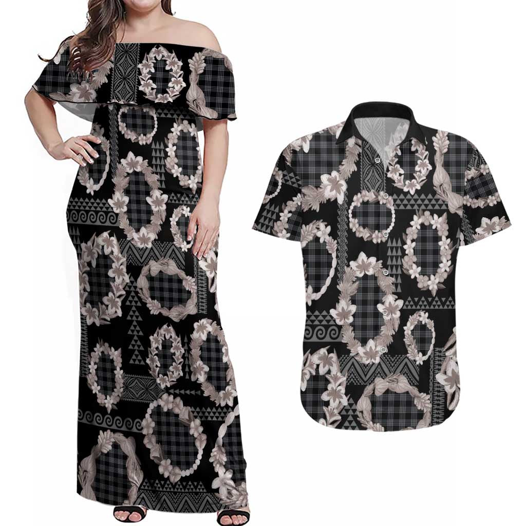Hawaiian Leis Couples Matching Off Shoulder Maxi Dress and Hawaiian Shirt Kakau Tattoos and Palaka Pastel Grayscale