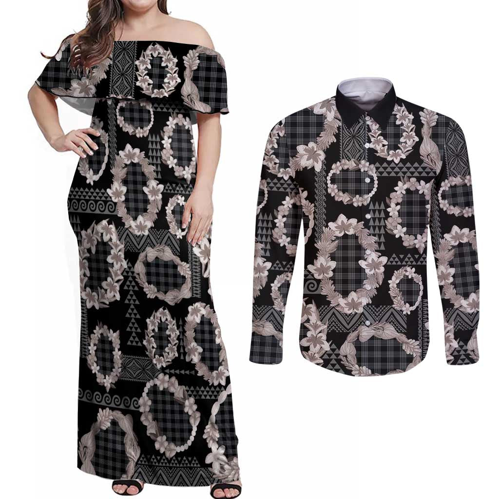 Hawaiian Leis Couples Matching Off Shoulder Maxi Dress and Long Sleeve Button Shirt Kakau Tattoos and Palaka Pastel Grayscale LT03 Black - Polynesian Pride