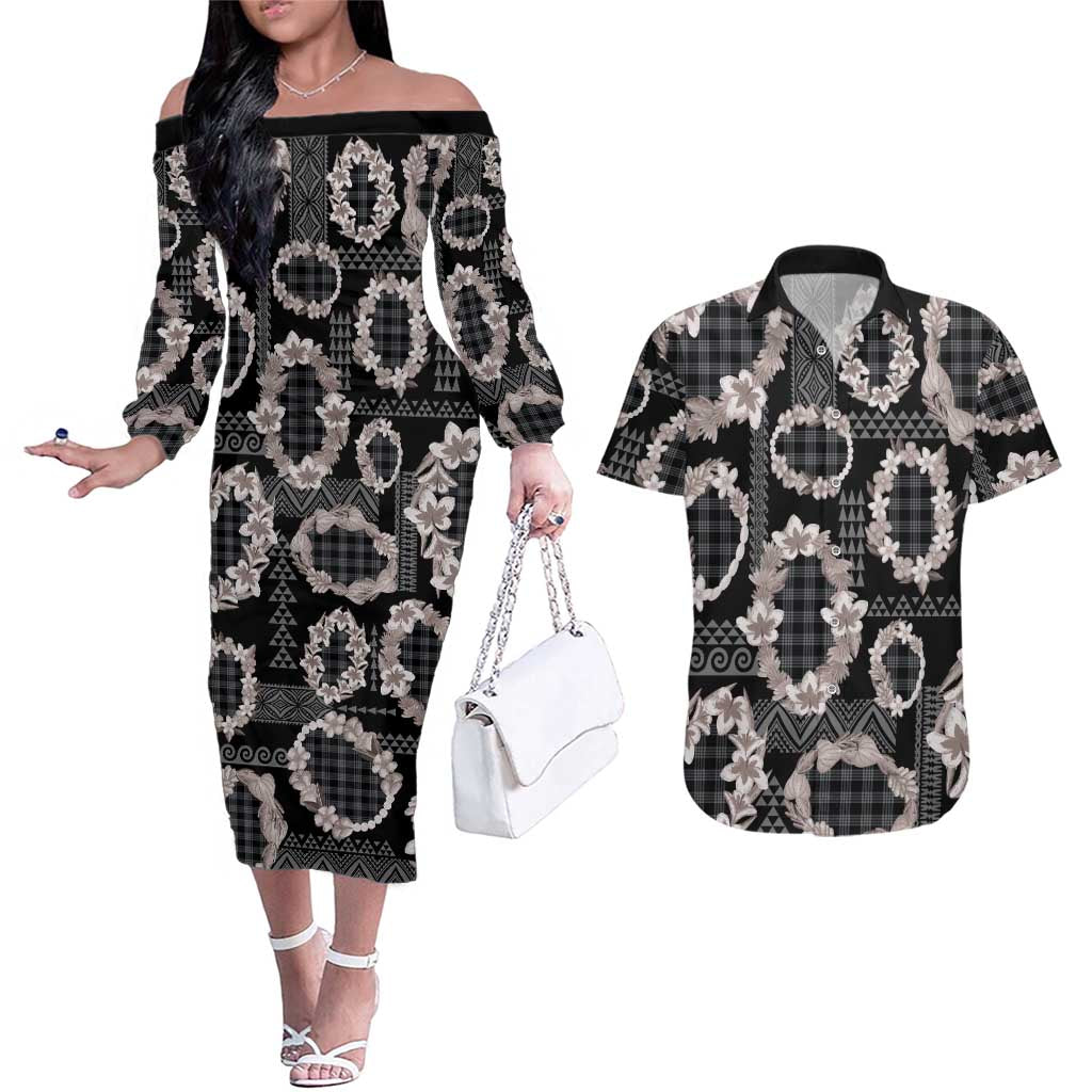 Hawaiian Leis Couples Matching Off The Shoulder Long Sleeve Dress and Hawaiian Shirt Kakau Tattoos and Palaka Pastel Grayscale LT03 Black - Polynesian Pride