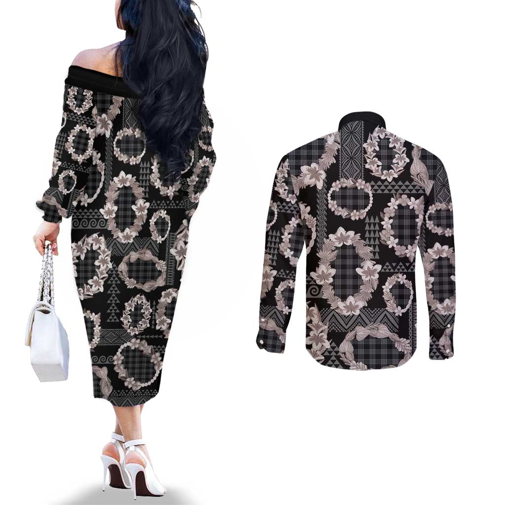Hawaiian Leis Couples Matching Off The Shoulder Long Sleeve Dress and Long Sleeve Button Shirt Kakau Tattoos and Palaka Pastel Grayscale LT03 - Polynesian Pride