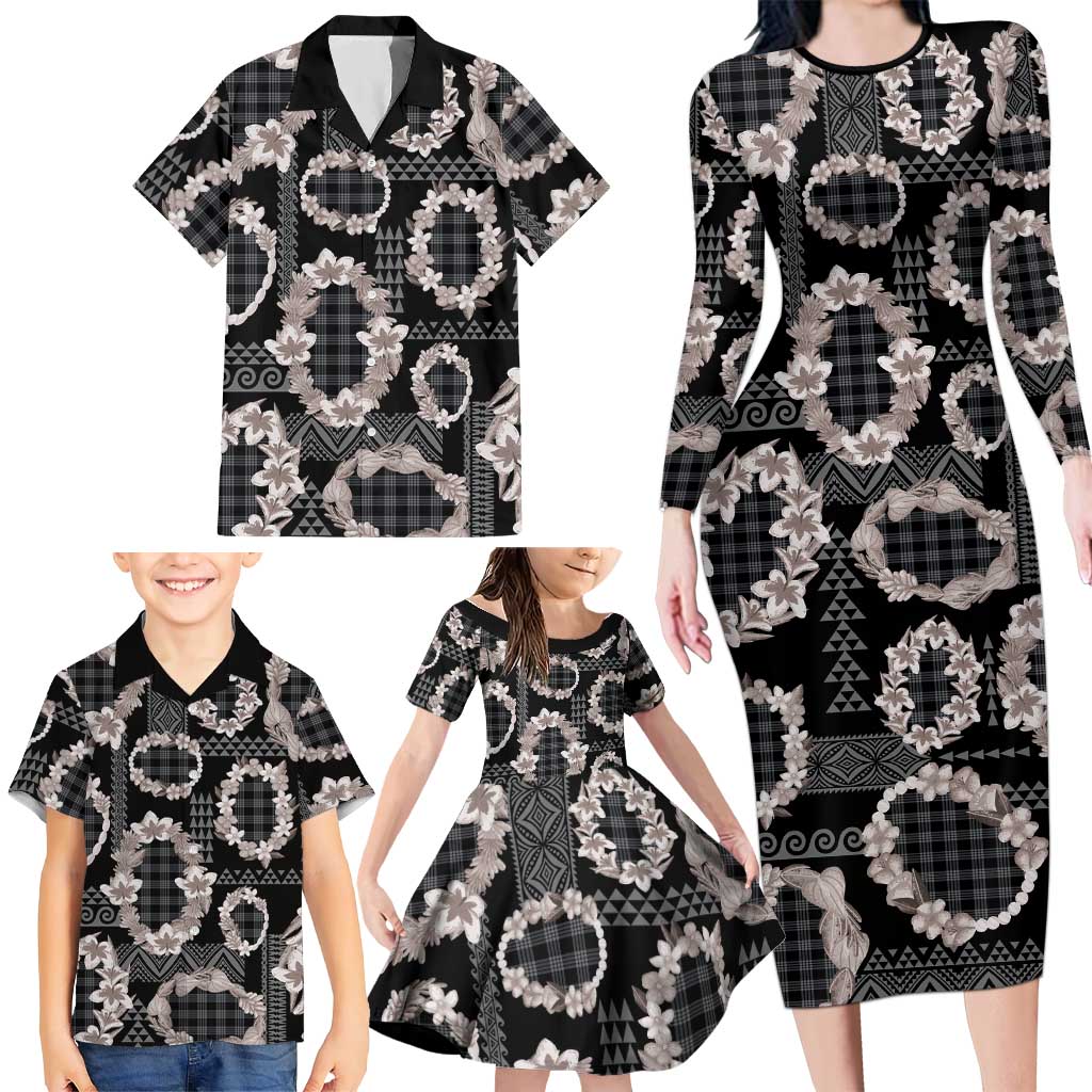 Hawaiian Leis Family Matching Long Sleeve Bodycon Dress and Hawaiian Shirt Kakau Tattoos and Palaka Pastel Grayscale LT03 - Polynesian Pride