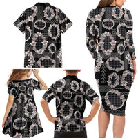 Hawaiian Leis Family Matching Long Sleeve Bodycon Dress and Hawaiian Shirt Kakau Tattoos and Palaka Pastel Grayscale