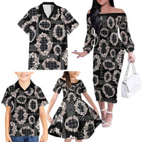 Hawaiian Leis Family Matching Off The Shoulder Long Sleeve Dress and Hawaiian Shirt Kakau Tattoos and Palaka Pastel Grayscale
