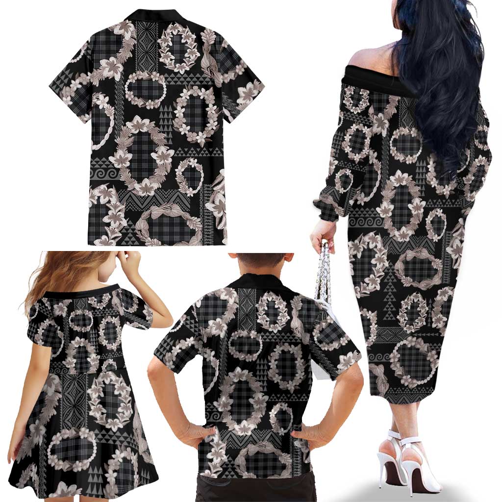 Hawaiian Leis Family Matching Off The Shoulder Long Sleeve Dress and Hawaiian Shirt Kakau Tattoos and Palaka Pastel Grayscale