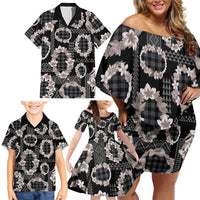 Hawaiian Leis Family Matching Off Shoulder Short Dress and Hawaiian Shirt Kakau Tattoos and Palaka Pastel Grayscale