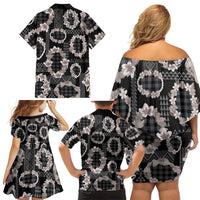 Hawaiian Leis Family Matching Off Shoulder Short Dress and Hawaiian Shirt Kakau Tattoos and Palaka Pastel Grayscale