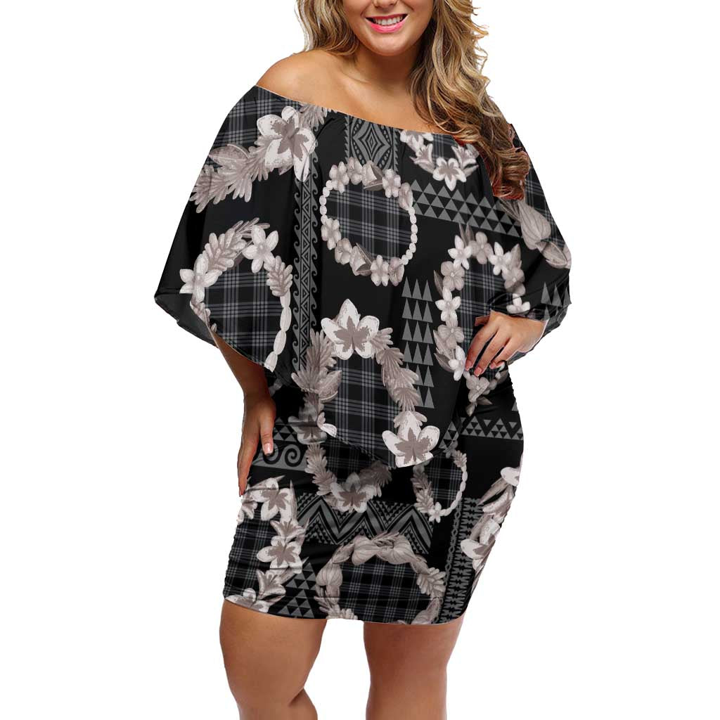 Hawaiian Leis Family Matching Off Shoulder Short Dress and Hawaiian Shirt Kakau Tattoos and Palaka Pastel Grayscale