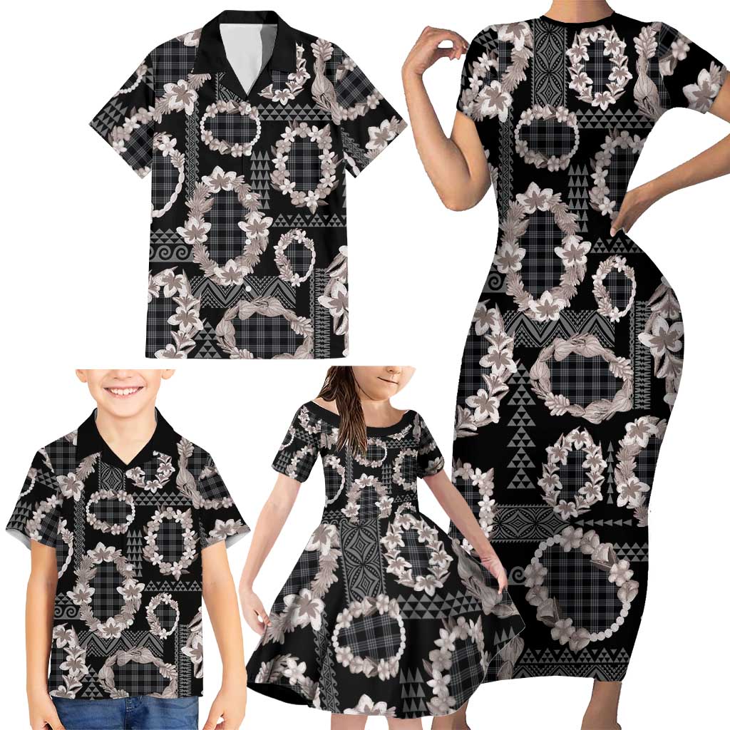 Hawaiian Leis Family Matching Short Sleeve Bodycon Dress and Hawaiian Shirt Kakau Tattoos and Palaka Pastel Grayscale