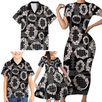 Hawaiian Leis Family Matching Short Sleeve Bodycon Dress and Hawaiian Shirt Kakau Tattoos and Palaka Pastel Grayscale
