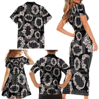 Hawaiian Leis Family Matching Short Sleeve Bodycon Dress and Hawaiian Shirt Kakau Tattoos and Palaka Pastel Grayscale