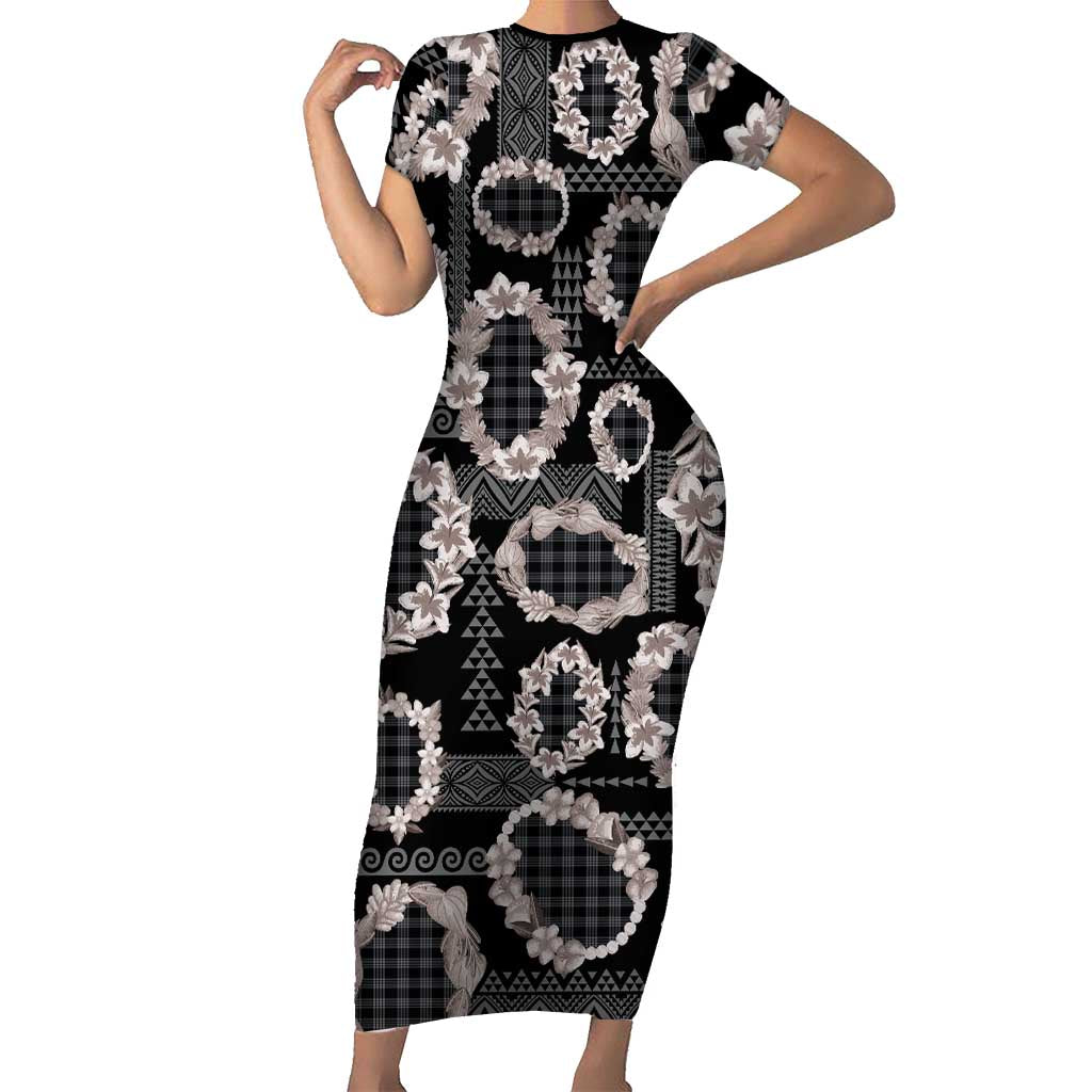 Hawaiian Leis Family Matching Short Sleeve Bodycon Dress and Hawaiian Shirt Kakau Tattoos and Palaka Pastel Grayscale