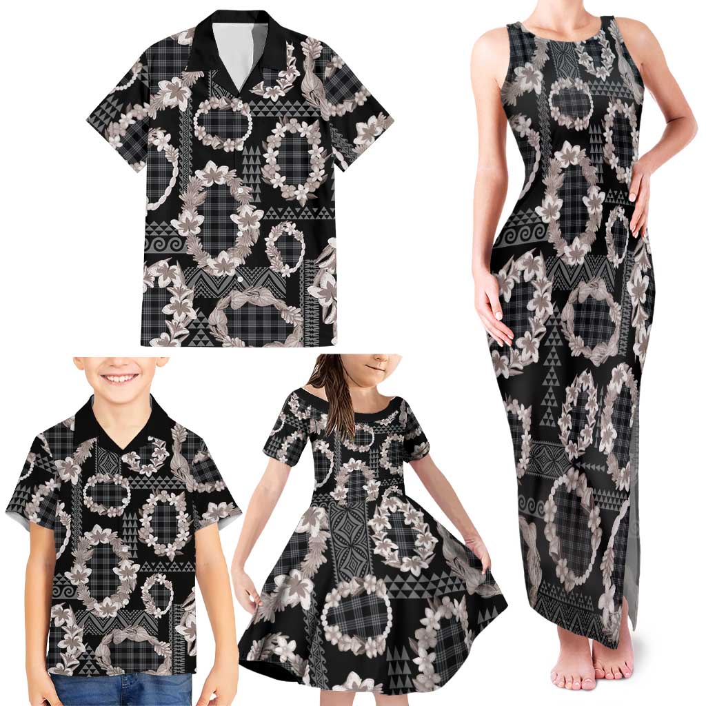 Hawaiian Leis Family Matching Tank Maxi Dress and Hawaiian Shirt Kakau Tattoos and Palaka Pastel Grayscale