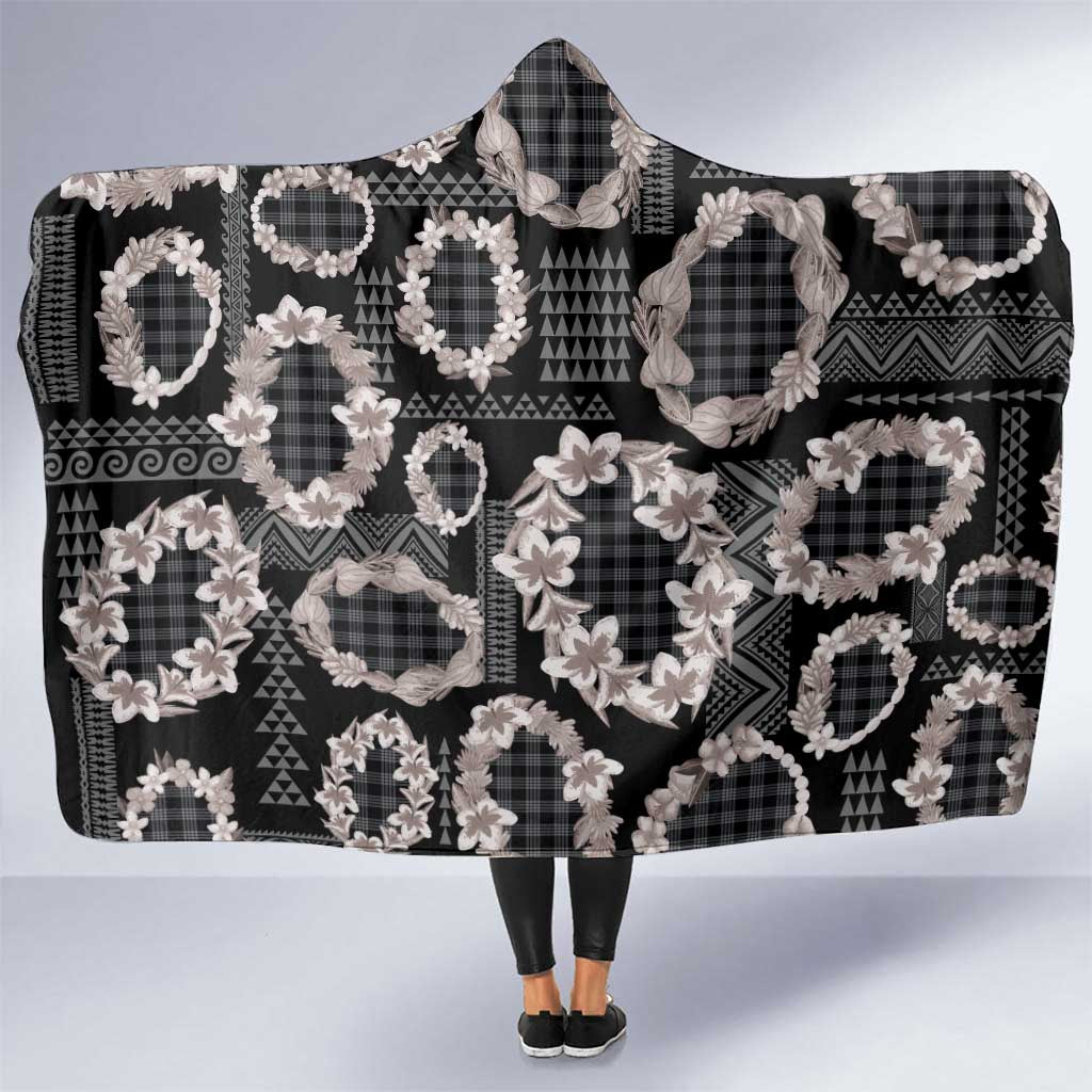 Hawaiian Leis Hooded Blanket Kakau Tattoos and Palaka Pastel Grayscale