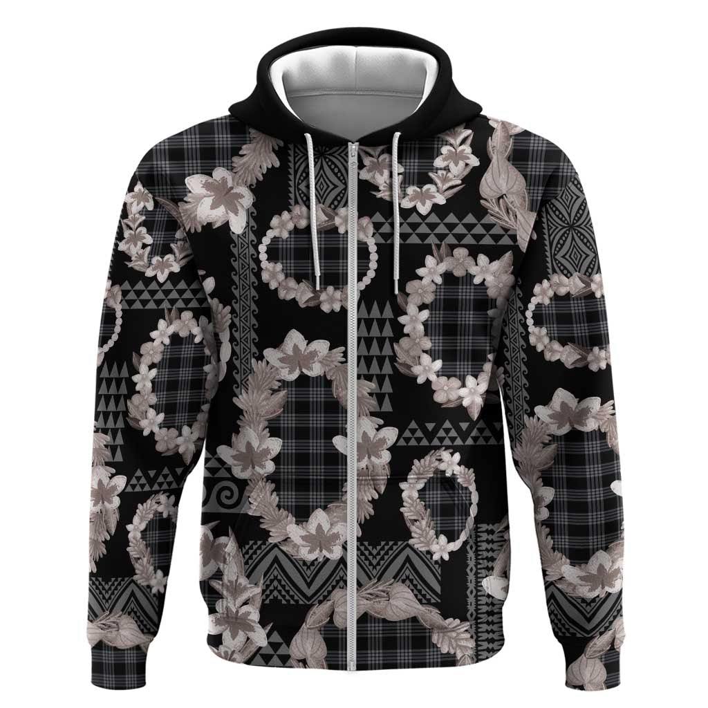 Hawaiian Leis Hoodie Kakau Tattoos and Palaka Pastel Grayscale LT03 Zip Hoodie Black - Polynesian Pride
