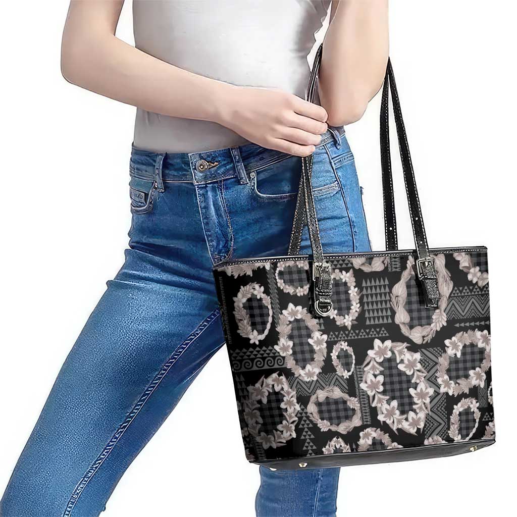 Hawaiian Leis Leather Tote Bag Kakau Tattoos and Palaka Pastel Grayscale LT03 - Polynesian Pride