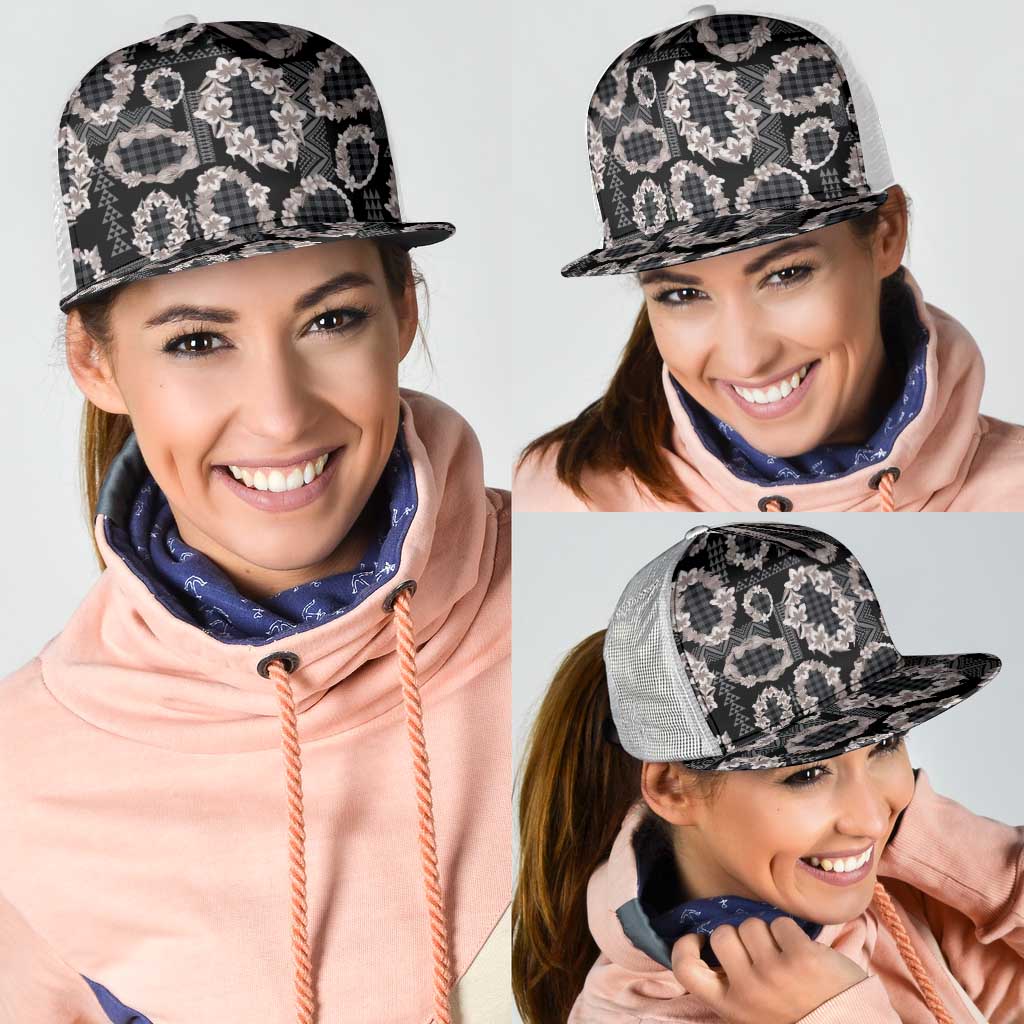 Hawaiian Leis Mesh Trucker Cap Kakau Tattoos and Palaka Pastel Grayscale