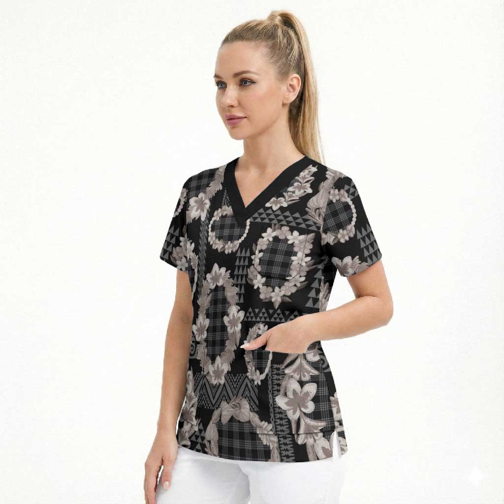 Hawaiian Leis Scrub Top Kakau Tattoos and Palaka Pastel Grayscale LT03 - Polynesian Pride