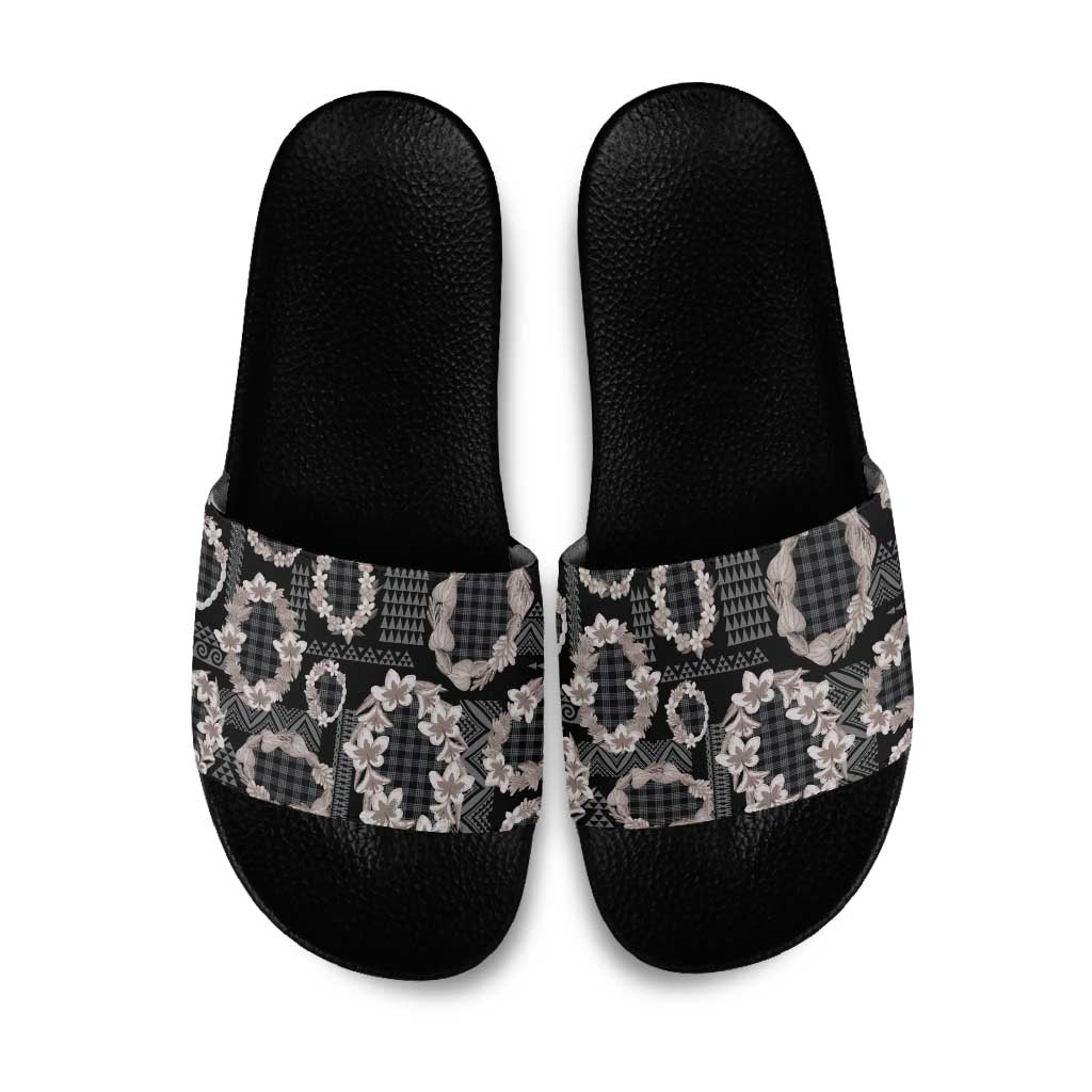 Hawaiian Leis Slide Sandals Kakau Tattoos and Palaka Pastel Grayscale