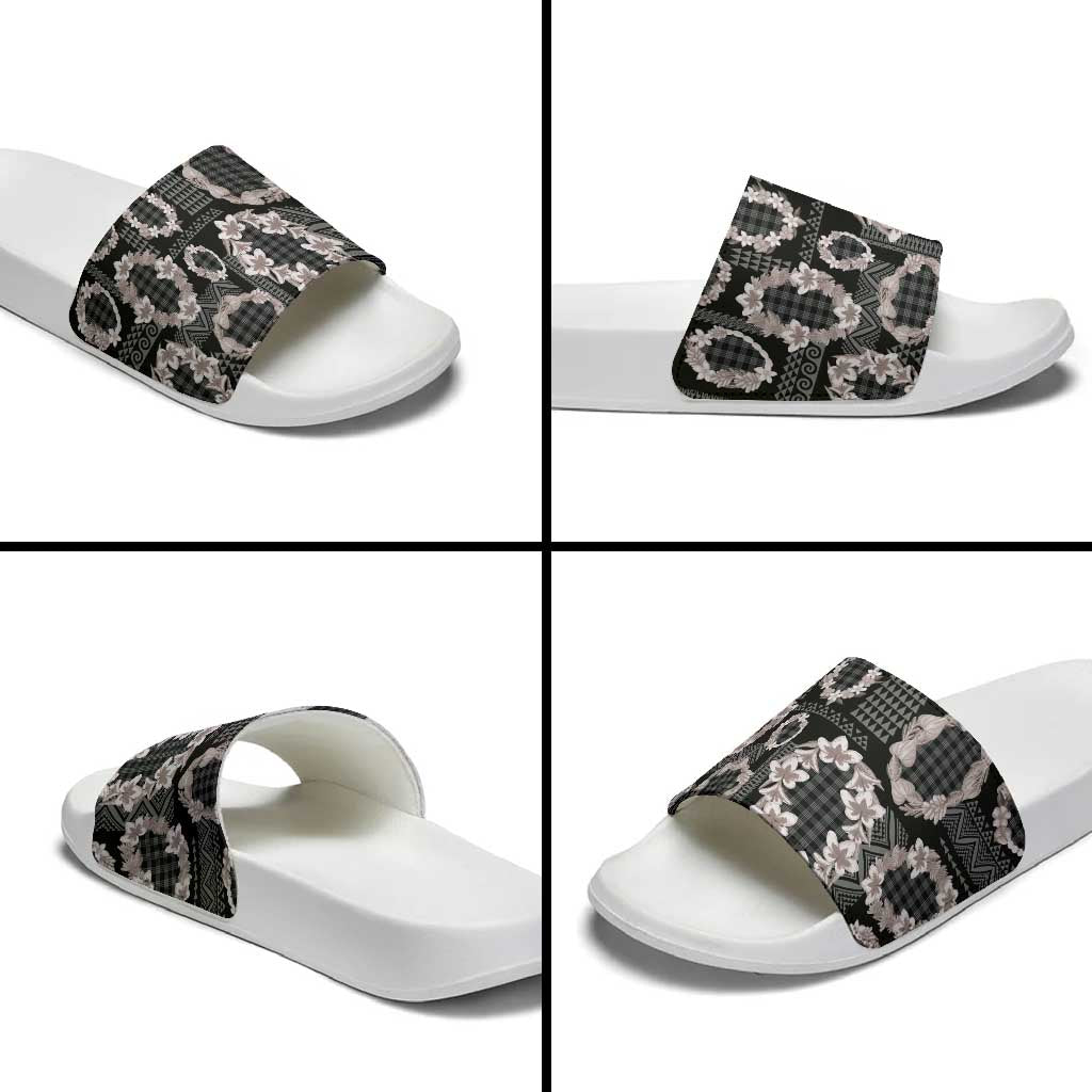 Hawaiian Leis Slide Sandals Kakau Tattoos and Palaka Pastel Grayscale