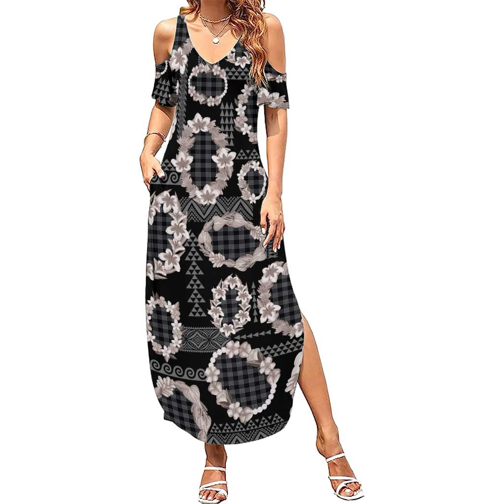 Hawaiian Leis Summer Maxi Dress Kakau Tattoos and Palaka Pastel Grayscale LT03 Women Black - Polynesian Pride