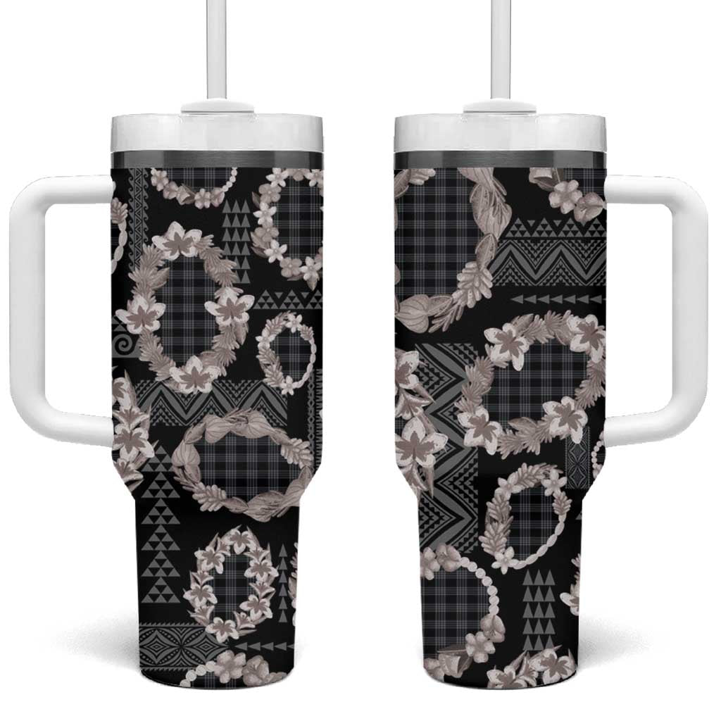 Hawaiian Leis Tumbler With Handle Kakau Tattoos and Palaka Pastel Grayscale LT03 One Size: 40 oz Black - Polynesian Pride