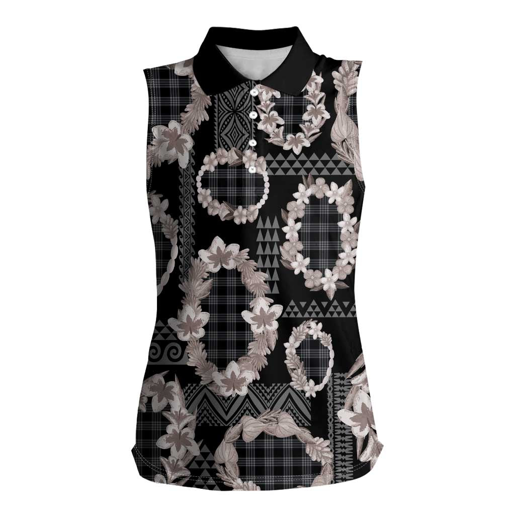 Hawaiian Leis Women Sleeveless Polo Shirt Kakau Tattoos and Palaka Pastel Grayscale