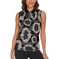 Hawaiian Leis Women Sleeveless Polo Shirt Kakau Tattoos and Palaka Pastel Grayscale