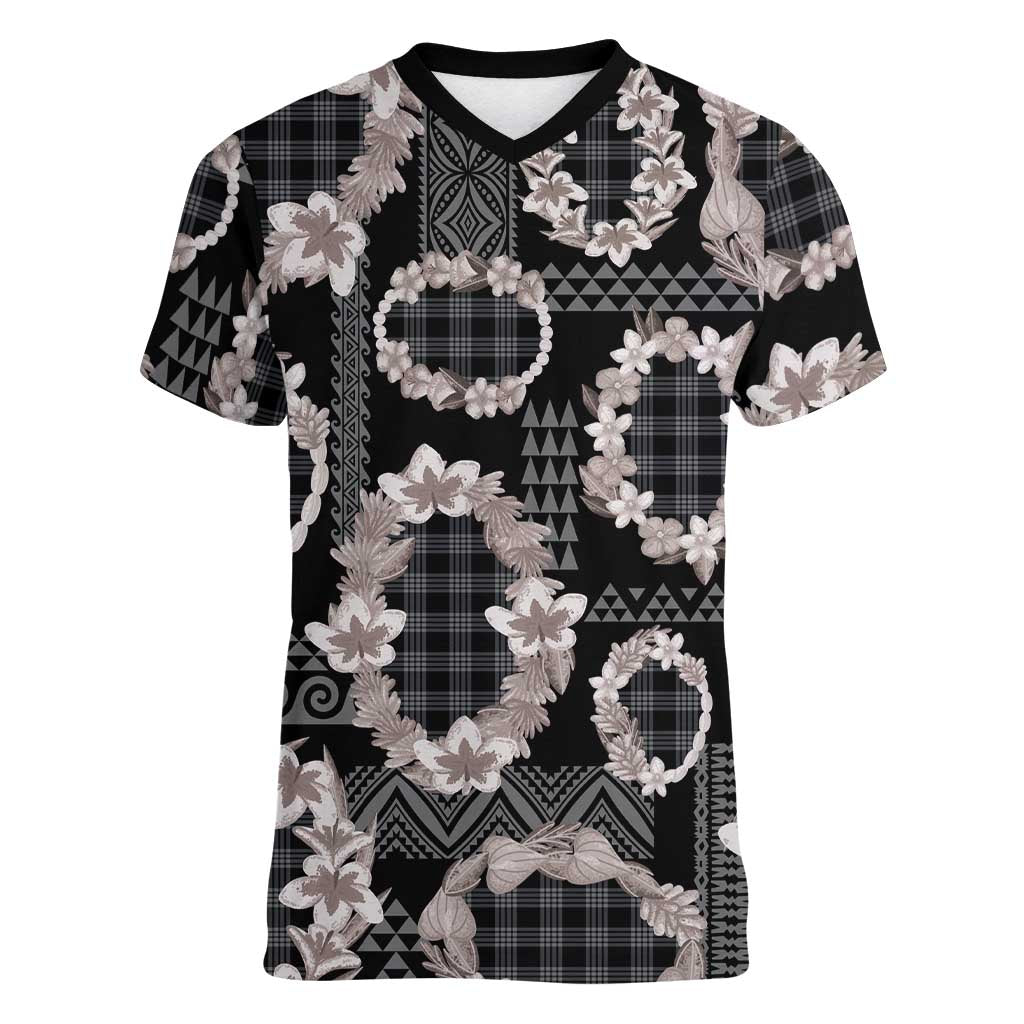 Hawaiian Leis Women V-Neck T-Shirt Kakau Tattoos and Palaka Pastel Grayscale