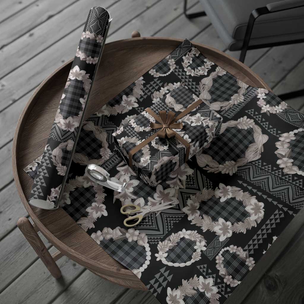 Hawaiian Leis Wrapping Paper Kakau Tattoos and Palaka Pastel Grayscale