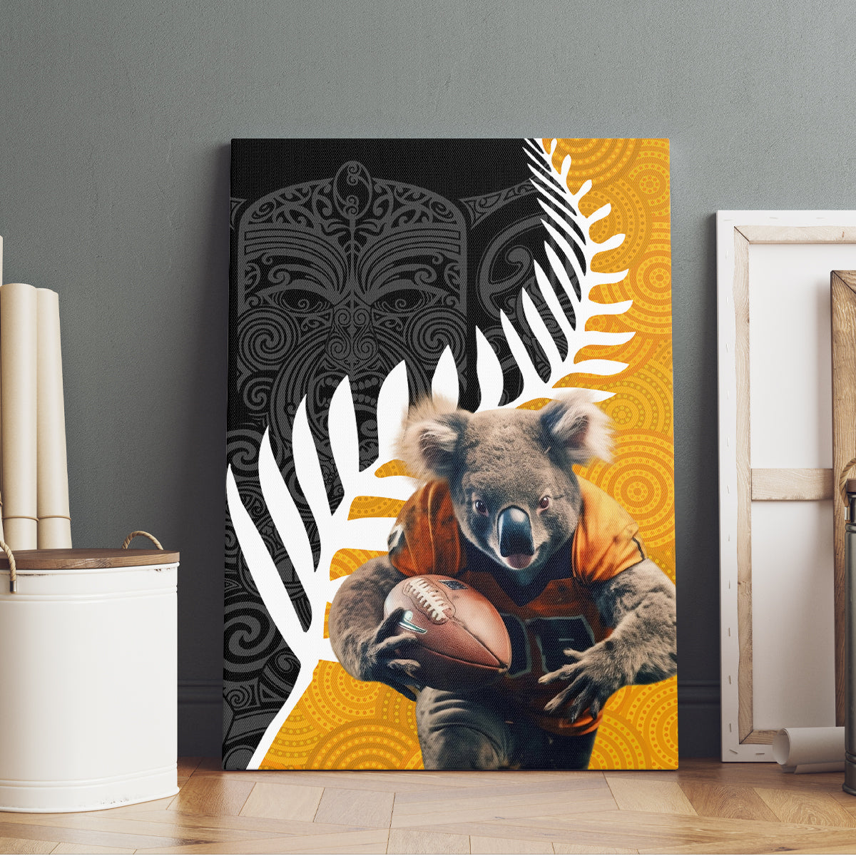 New Zealand and Australia Rugby Canvas Wall Art Koala and Maori Warrior Together