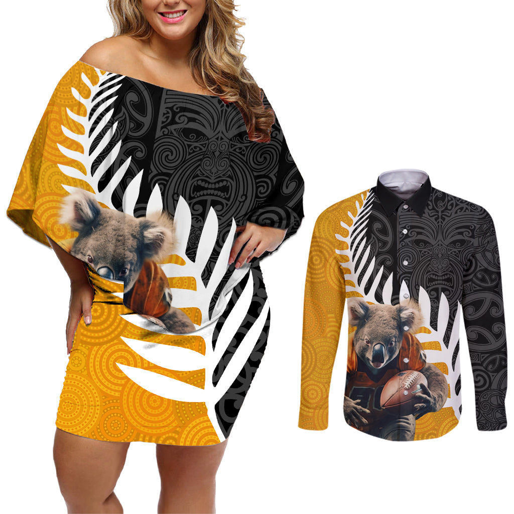 New Zealand and Australia Rugby Couples Matching Off Shoulder Short Dress and Long Sleeve Button Shirt Koala and Maori Warrior Together
