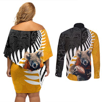 New Zealand and Australia Rugby Couples Matching Off Shoulder Short Dress and Long Sleeve Button Shirt Koala and Maori Warrior Together
