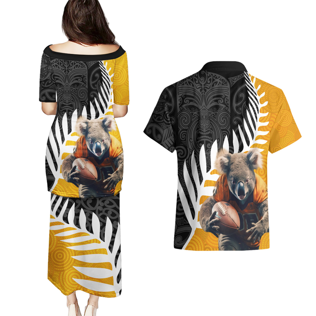 New Zealand and Australia Rugby Couples Matching Puletasi and Hawaiian Shirt Koala and Maori Warrior Together
