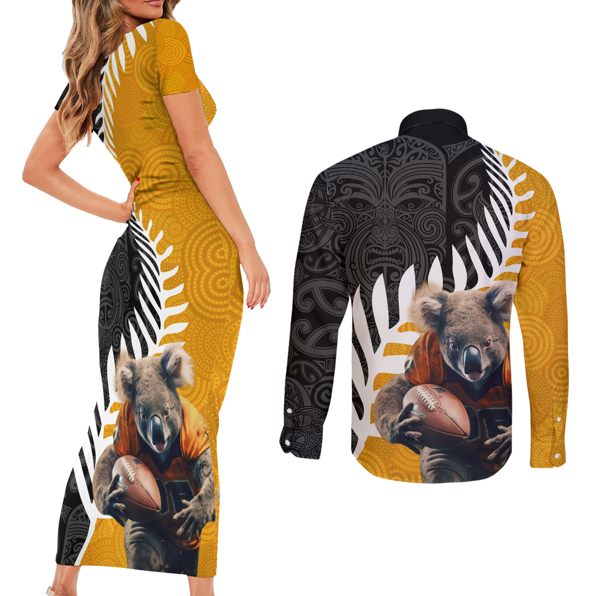 New Zealand and Australia Rugby Couples Matching Short Sleeve Bodycon Dress and Long Sleeve Button Shirt Koala and Maori Warrior Together