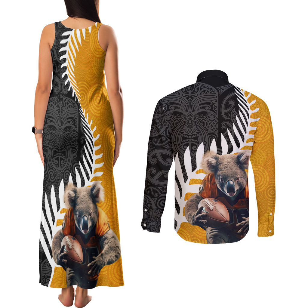 New Zealand and Australia Rugby Couples Matching Tank Maxi Dress and Long Sleeve Button Shirt Koala and Maori Warrior Together
