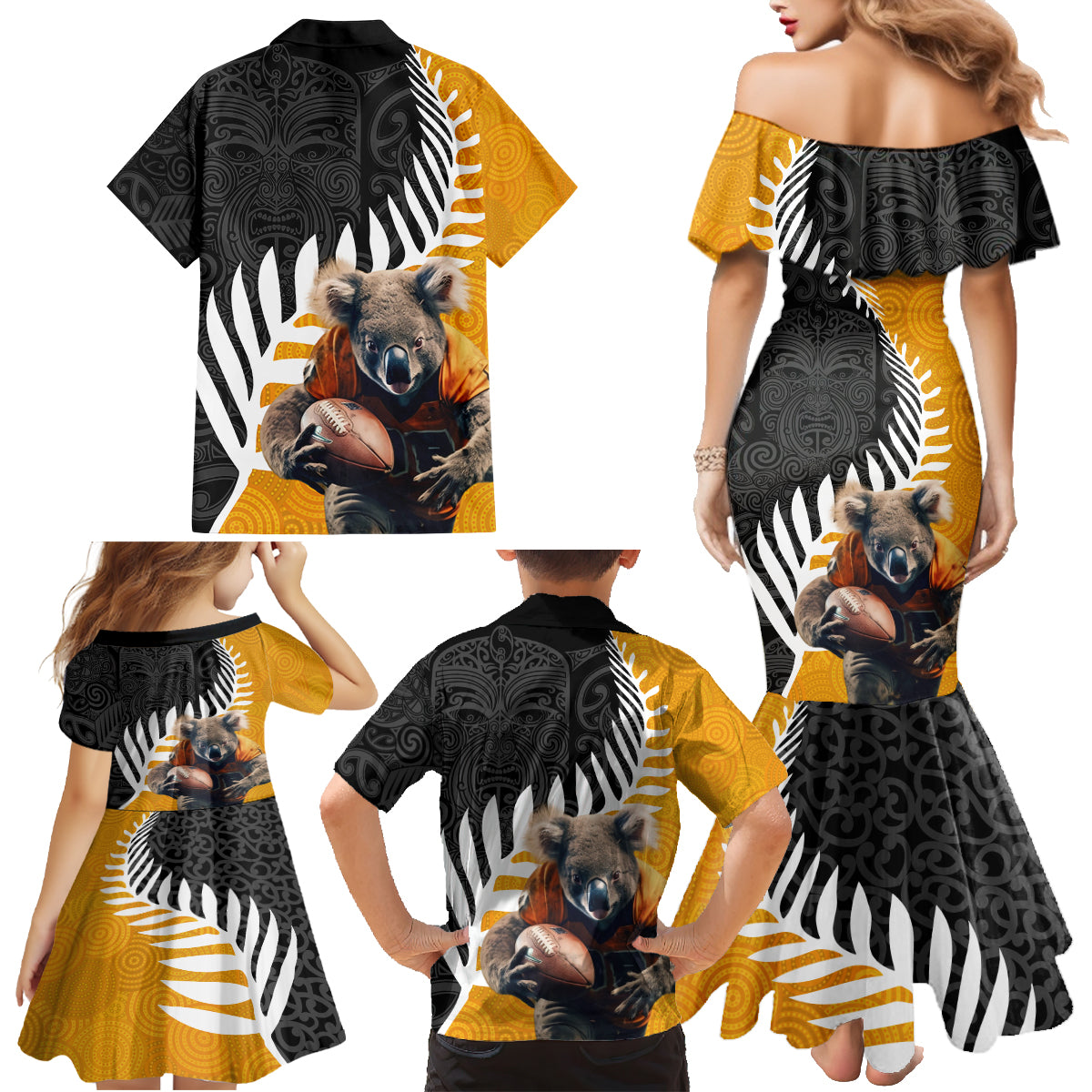 New Zealand and Australia Rugby Family Matching Mermaid Dress and Hawaiian Shirt Koala and Maori Warrior Together