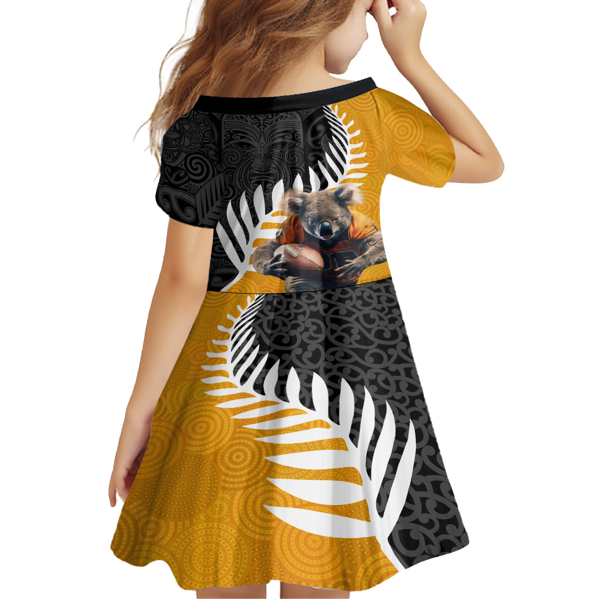 New Zealand and Australia Rugby Family Matching Off The Shoulder Long Sleeve Dress and Hawaiian Shirt Koala and Maori Warrior Together