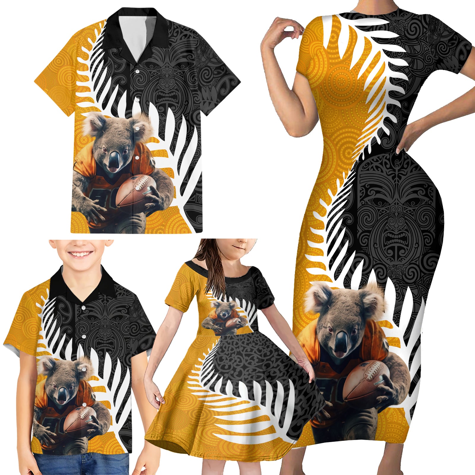 New Zealand and Australia Rugby Family Matching Short Sleeve Bodycon Dress and Hawaiian Shirt Koala and Maori Warrior Together