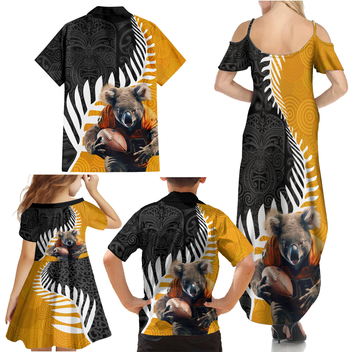 New Zealand and Australia Rugby Family Matching Summer Maxi Dress and Hawaiian Shirt Koala and Maori Warrior Together