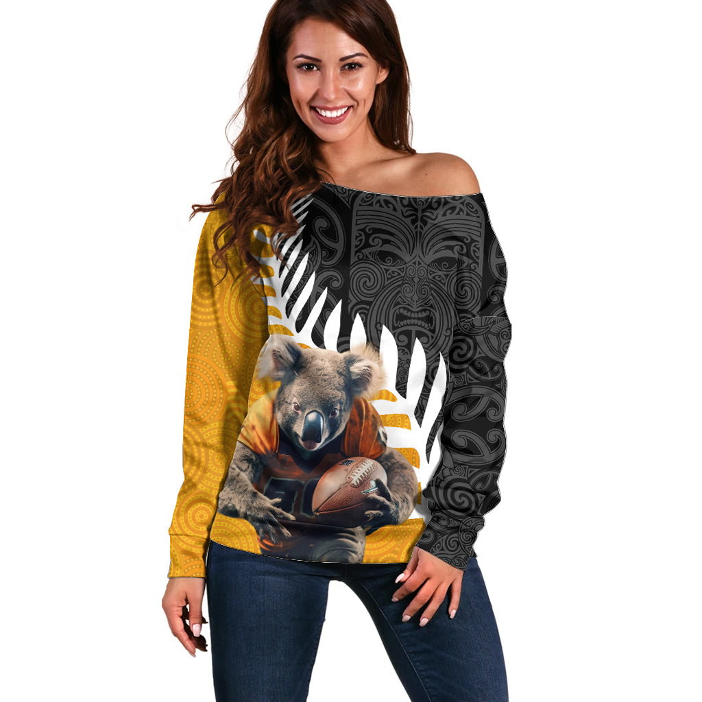 New Zealand and Australia Rugby Off Shoulder Sweater Koala and Maori Warrior Together