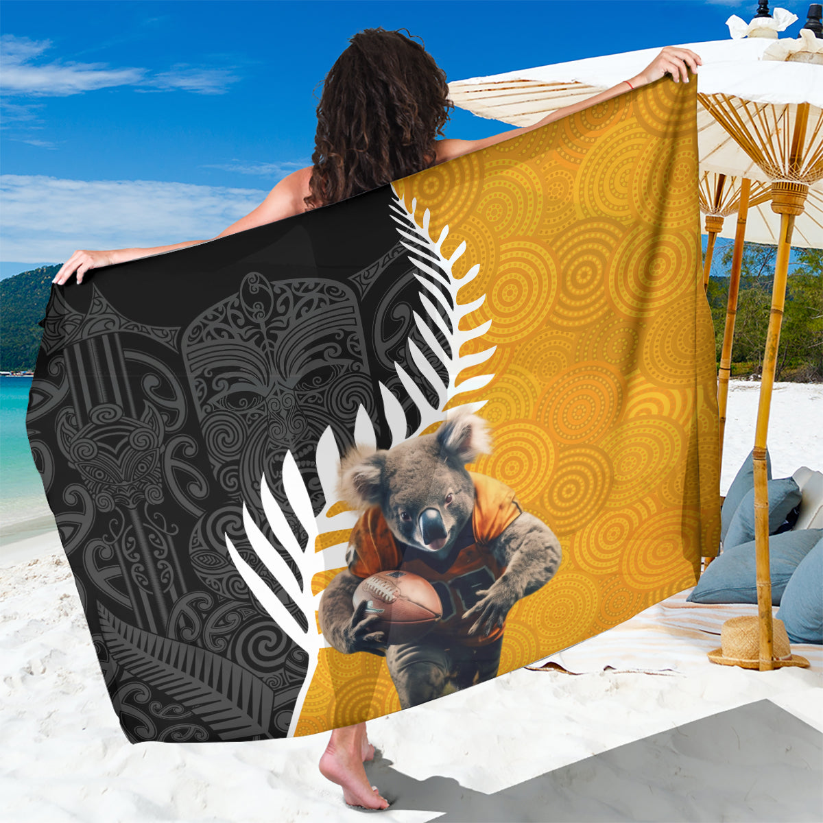 New Zealand and Australia Rugby Sarong Koala and Maori Warrior Together