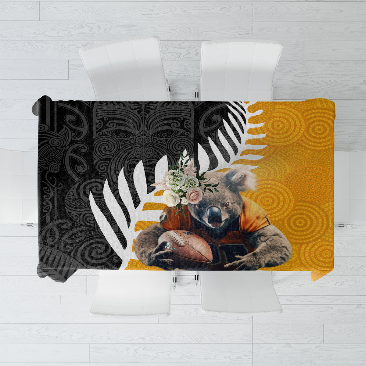 New Zealand and Australia Rugby Tablecloth Koala and Maori Warrior Together