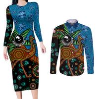 Fiji and Australia Couples Matching Long Sleeve Bodycon Dress and Long Sleeve Button Shirt Palm Tree and Abogirinal Emu