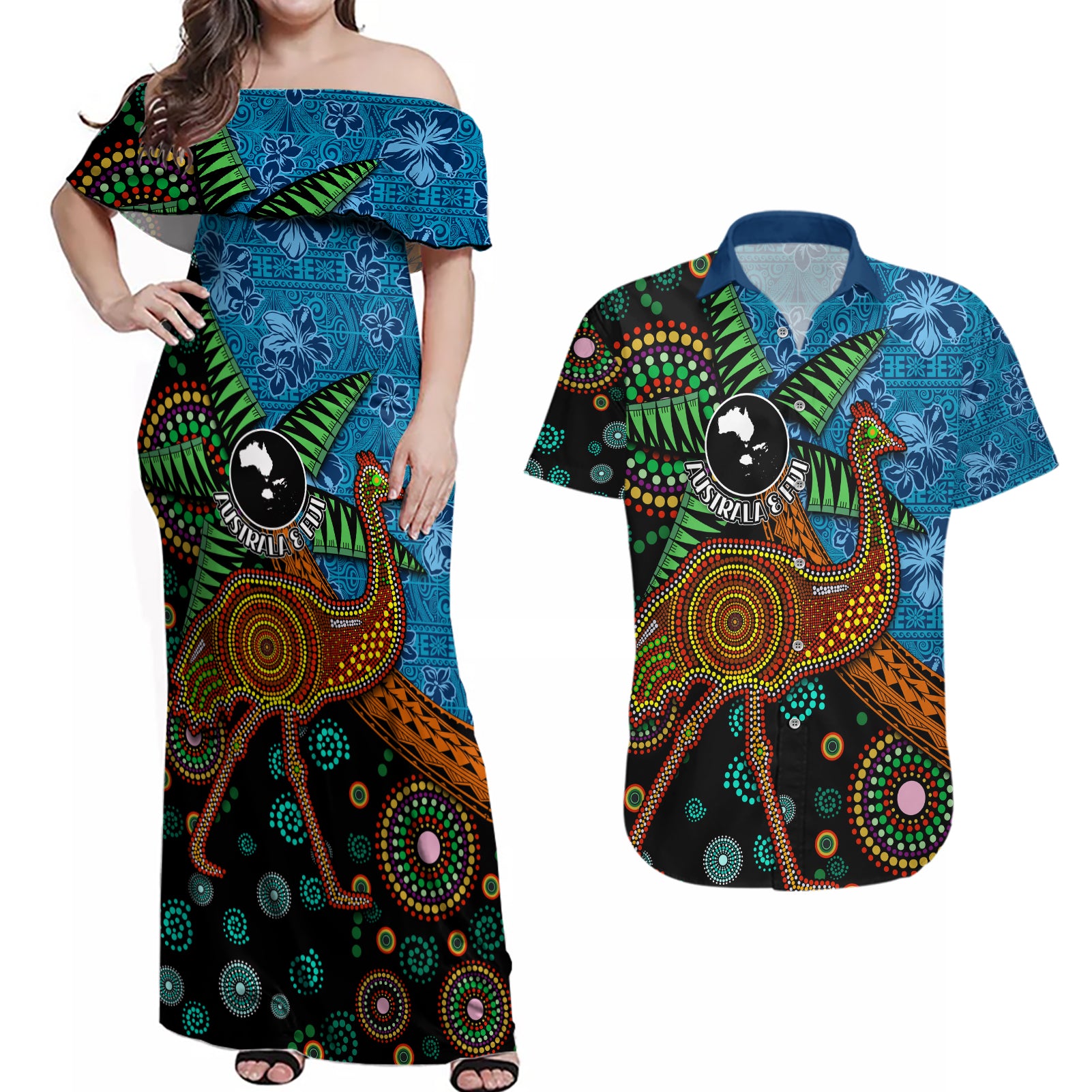 Fiji and Australia Couples Matching Off Shoulder Maxi Dress and Hawaiian Shirt Palm Tree and Abogirinal Emu