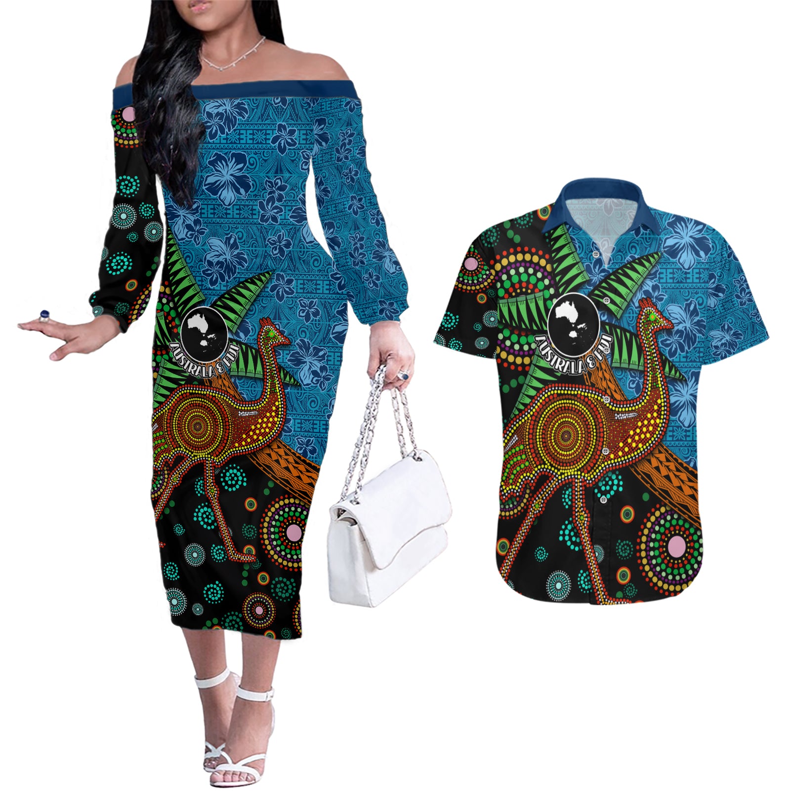 Fiji and Australia Couples Matching Off The Shoulder Long Sleeve Dress and Hawaiian Shirt Palm Tree and Abogirinal Emu